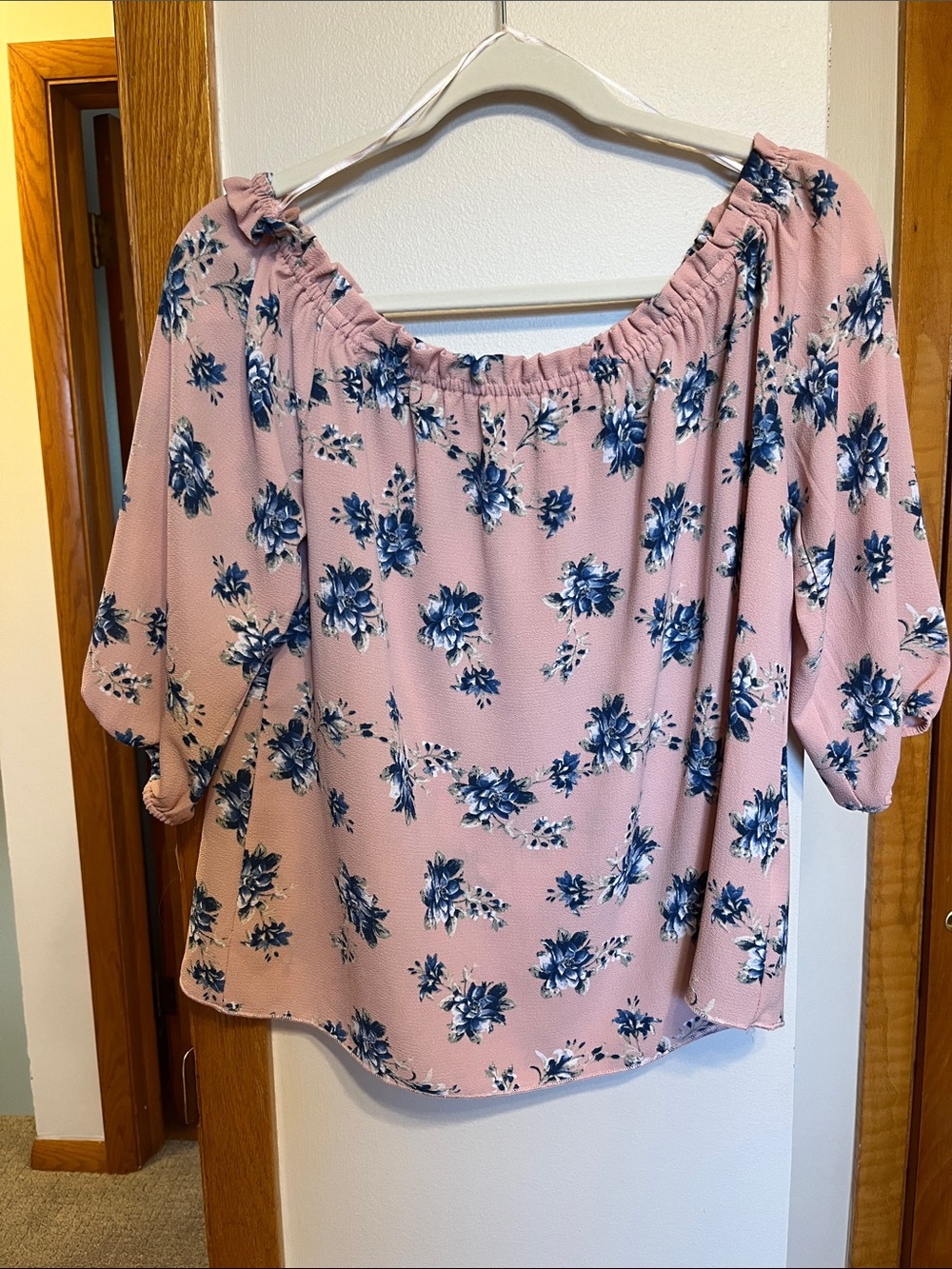 Paper Crane Blush Pink Off-Shoulder Top with Navy Floral Print